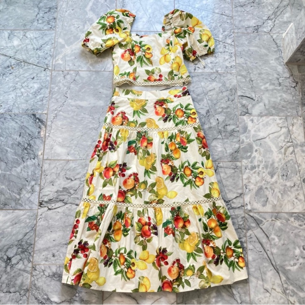 ANTONIO MELANI Set Yellow White Red Fruit Print Floral cotton Skirt & Top - Picture 9 of 11